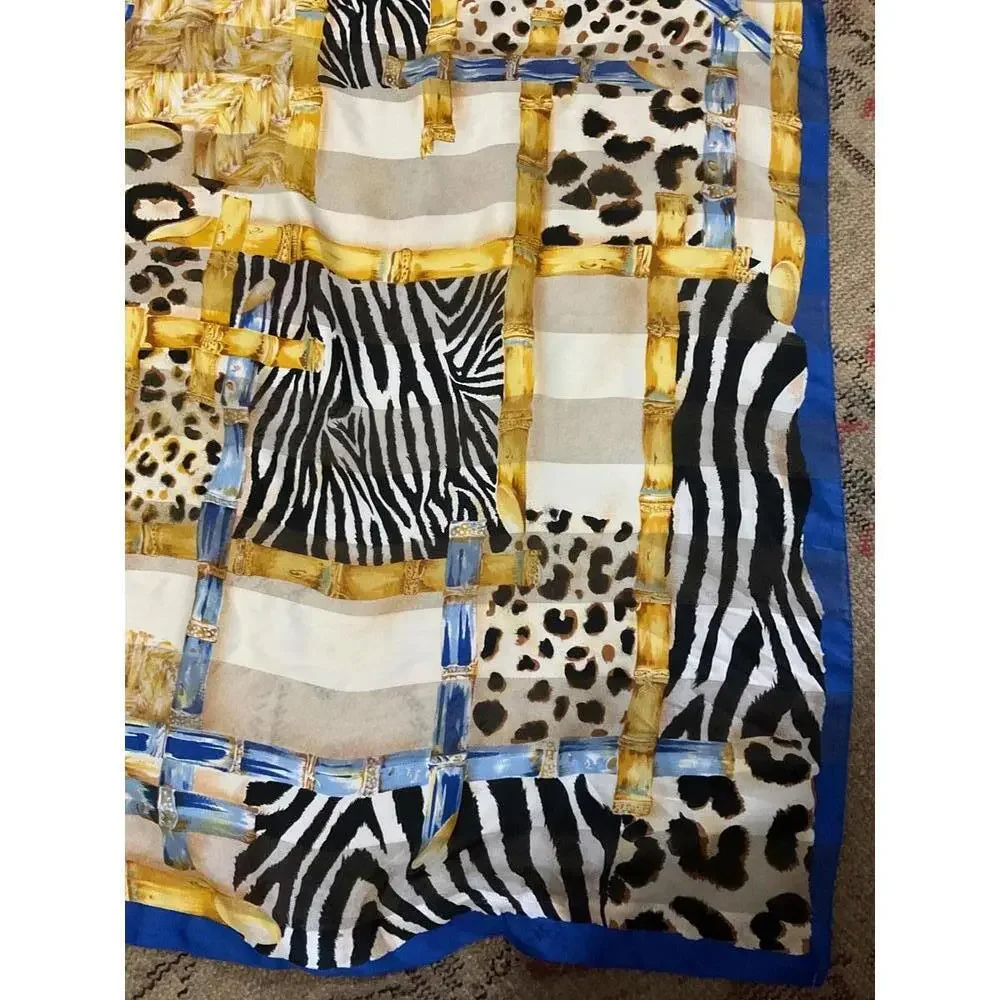 Stylish Animal Print Scarf with Blue Trim 34” x34”